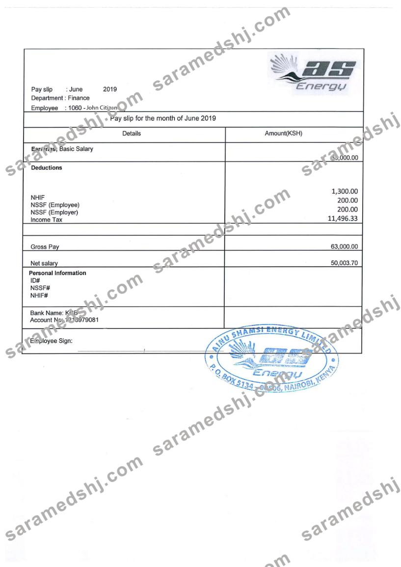 KENYA AINU Shamsi Energy Limited payslip in Word and PDF formats